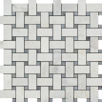 Oriental White Polished Marble Basketweave Mosaic Tile w/ Blue-Gray Dots.