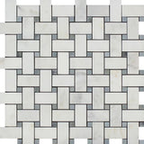 Oriental White Polished Marble Basketweave Mosaic Tile w/ Blue-Gray Dots.