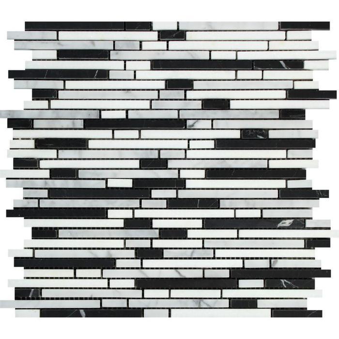 Bianco Carrara Polished Marble Bamboo Sticks Mosaic Tile (Carrara + Black).