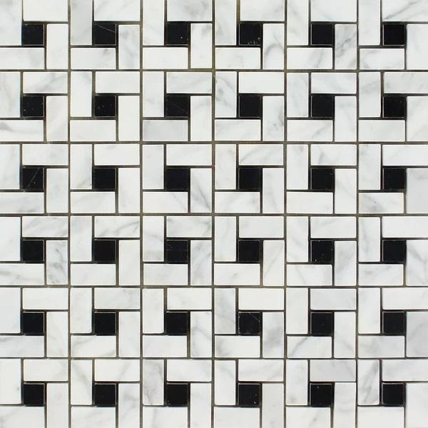 Bianco Carrara Polished Marble Mini Pinwheel Mosaic Tile (w/ Black Dots).