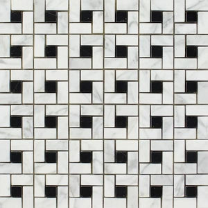 Bianco Carrara Polished Marble Mini Pinwheel Mosaic Tile (w/ Black Dots).