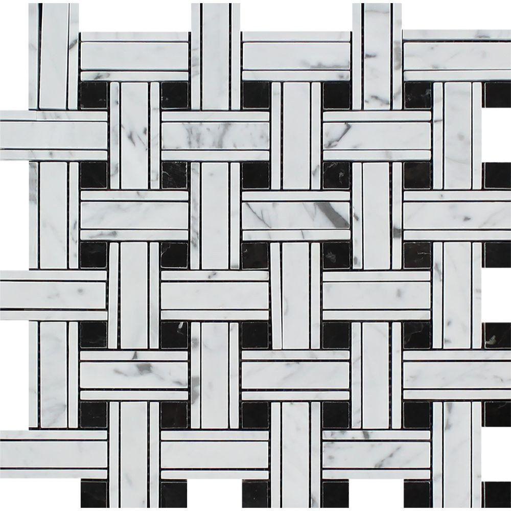 Bianco Carrara Polished Marble Tripleweave Mosaic Tile (w/ Black).