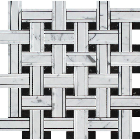 Bianco Carrara Polished Marble Tripleweave Mosaic Tile (w/ Black).