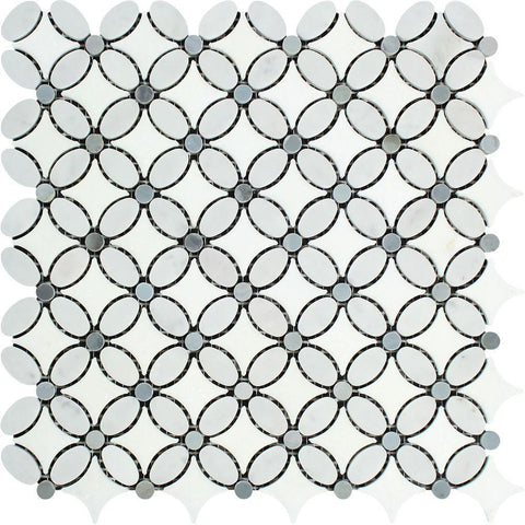 Bianco Carrara Polished Marble Florida Flower Mosaic Tile (Thassos + Carrara (Oval) + Blue-Gray (Dots)).