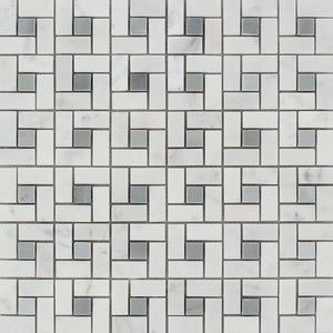 Bianco Carrara Polished Marble Mini Pinwheel Mosaic Tile (w/ Blue-Gray Dots).
