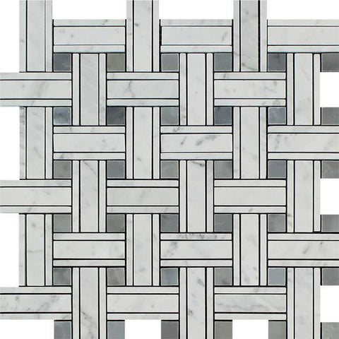 Bianco Carrara Polished Marble Tripleweave Mosaic Tile (w/ Blue-Gray).