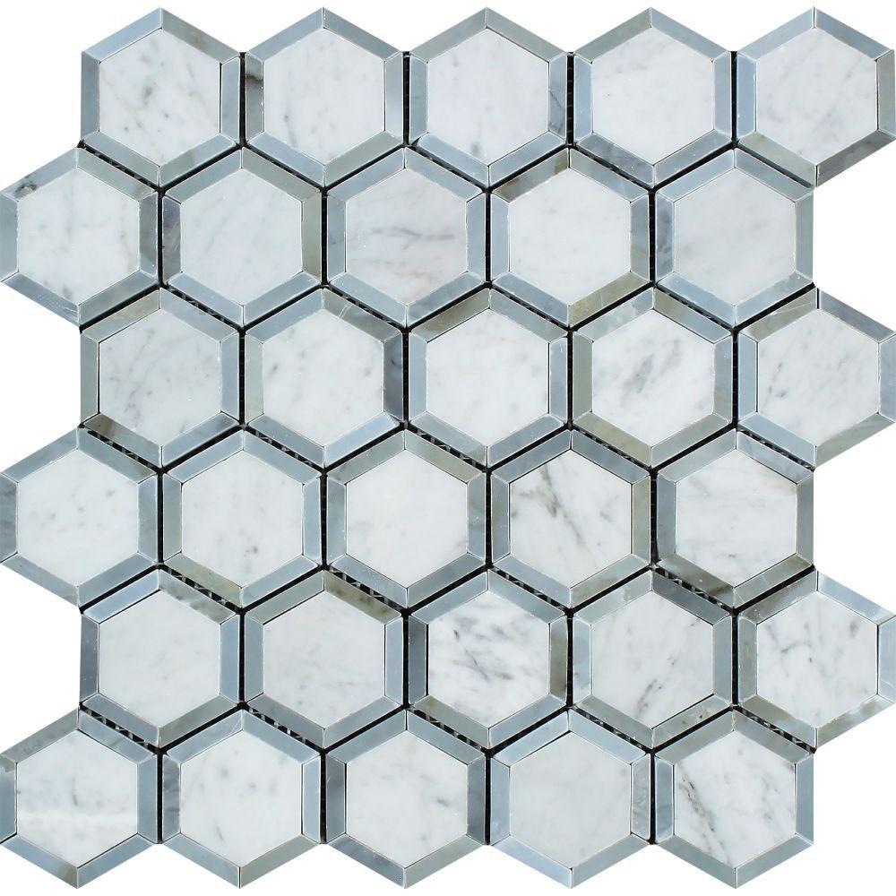 2 x 2 Polished Bianco Carrara Marble Vortex Hexagon Mosaic Tile (w/ Blue-Gray).