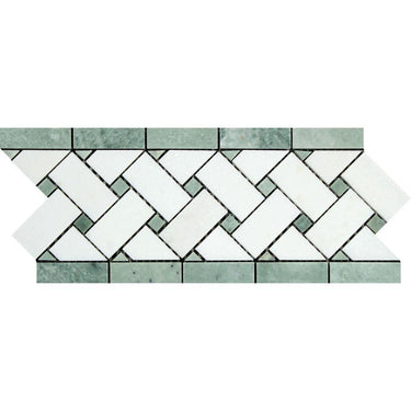 4 3/4 x 12 Polished Thassos White Marble Basketweave Border w/ Ming Green Dots.