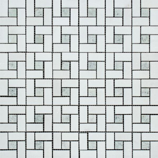 Thassos White Polished Marble Mini Pinwheel Mosaic Tile w/ Ming Green Dots.