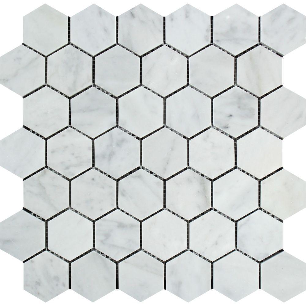 2 x 2 Polished Bianco Carrara Marble Hexagon Mosaic Tile.