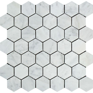 2 x 2 Polished Bianco Carrara Marble Hexagon Mosaic Tile.