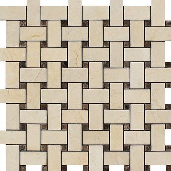 Crema Marfil Polished Marble Basketweave Mosaic Tile w/ Emp. Dark Dots.