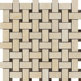Crema Marfil Polished Marble Basketweave Mosaic Tile w/ Emp. Dark Dots.
