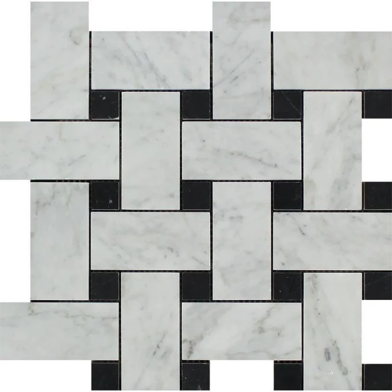 Bianco Carrara Polished Marble Large Basketweave Mosaic Tile (w/ Black Dots).