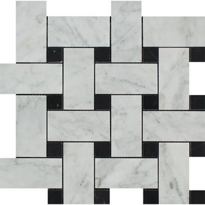 Bianco Carrara Polished Marble Large Basketweave Mosaic Tile (w/ Black Dots).