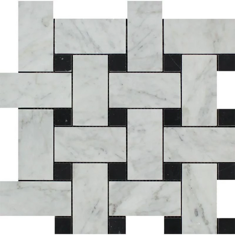 Bianco Carrara Polished Marble Large Basketweave Mosaic Tile (w/ Black Dots).