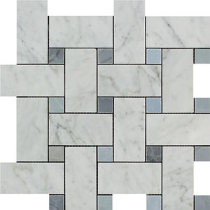 Bianco Carrara Polished Marble Large Basketweave Mosaic Tile (w/ Blue-Gray Dots).