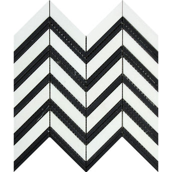 Thassos White Polished Marble Large Chevron Mosaic Tile (Thassos + Black (Thin Strips)).