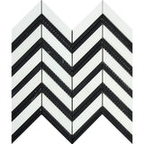 Thassos White Polished Marble Large Chevron Mosaic Tile (Thassos + Black (Thin Strips)).