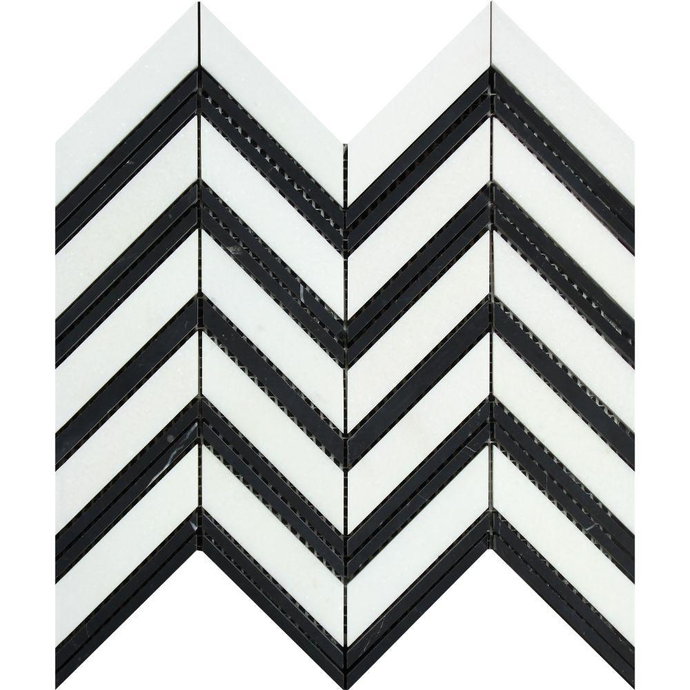 Thassos White Polished Marble Large Chevron Mosaic Tile (Thassos + Black (Thin Strips)).