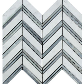 Bianco Carrara Polished Marble Large Chevron Mosaic Tile (Carrara + Blue-Gray (Thin Strips)).