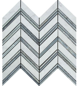 Bianco Carrara Polished Marble Large Chevron Mosaic Tile (Carrara + Blue-Gray (Thin Strips)).