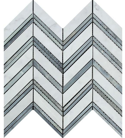 Bianco Carrara Polished Marble Large Chevron Mosaic Tile (Carrara + Blue-Gray (Thin Strips)).