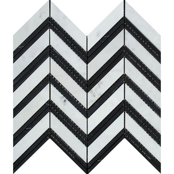 Bianco Carrara Polished Marble Large Chevron Mosaic Tile (Carrara + Black (Thin Strips)).