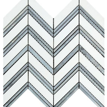Thassos White Polished Marble Large Chevron Mosaic Tile (Thassos + Blue-Gray (Thin Strips)).