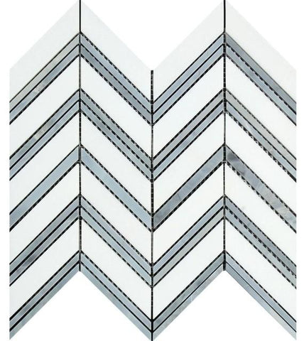 Thassos White Polished Marble Large Chevron Mosaic Tile (Thassos + Blue-Gray (Thin Strips)).