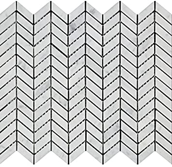 Bianco Carrara Polished Marble Mini Chevron Mosaic Tile.