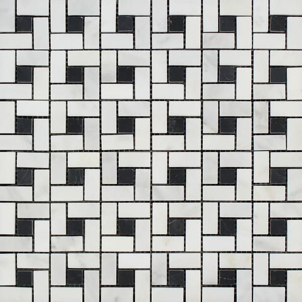 Oriental White Polished Marble Mini Pinwheel Mosaic Tile w/ Black Dots.