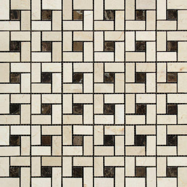Crema Marfil Polished Marble Mini Pinwheel Mosaic Tile w/Dark Emperador Dots.