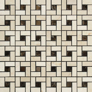 Crema Marfil Polished Marble Mini Pinwheel Mosaic Tile w/Dark Emperador Dots.