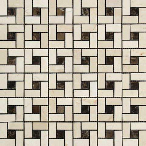 Crema Marfil Polished Marble Mini Pinwheel Mosaic Tile w/Dark Emperador Dots.