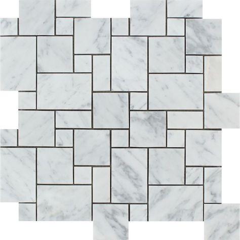 Bianco Carrara Polished Marble Mini Versailles Pattern Mosaic Tile.