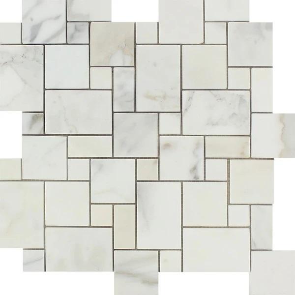 Calacatta Gold Polished Marble Mini Versailles Pattern Mosaic Tile.