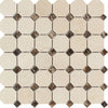 Crema Marfil Polished Marble Octagon Mosaic Tile w/ Emp. Dark Dots.
