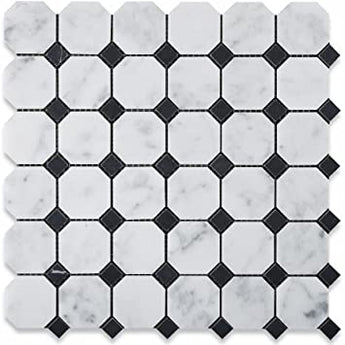 Bianco Carrara Polished Marble Octagon Mosaic Tile (w/ Black Dots).