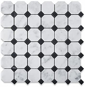 Bianco Carrara Polished Marble Octagon Mosaic Tile (w/ Black Dots).