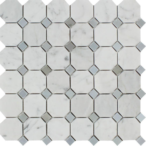 Bianco Carrara Polished Marble Octagon Mosaic Tile (w/ Blue-Gray Dots).
