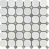 Oriental White Polished Marble Octagon Mosaic Tile w/ Blue-Gray Dots.