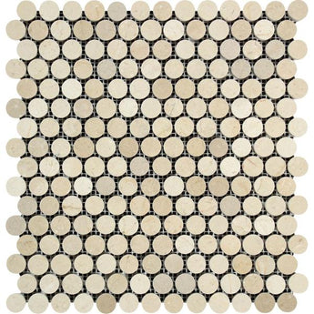 Crema Marfil Polished Marble Penny-Round Mosaic Tile.