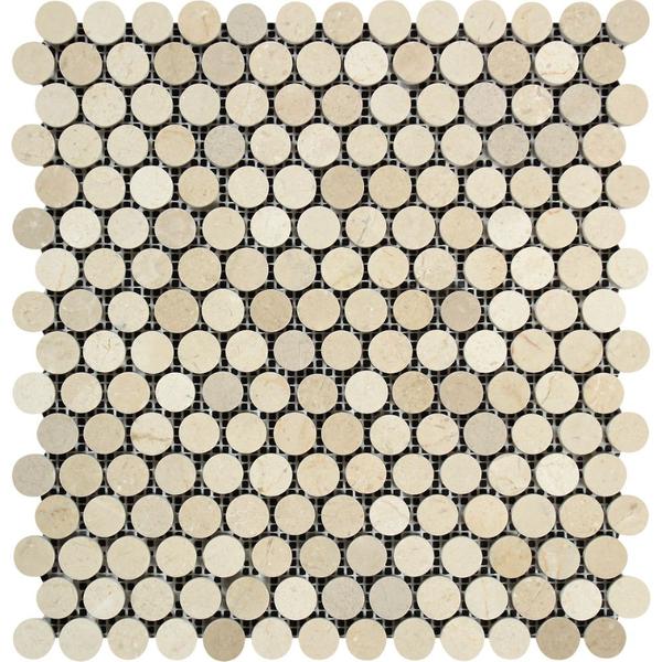 Crema Marfil Polished Marble Penny-Round Mosaic Tile.