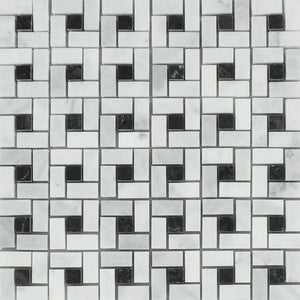 Bianco Mare Polished Marble Mini Pinwheel Mosaic Tile w/ Black Dots.