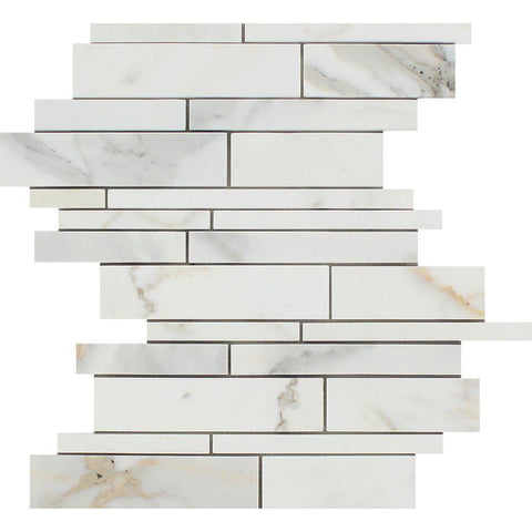 Calacatta Gold Polished Marble Random Strip Mosaic Tile.