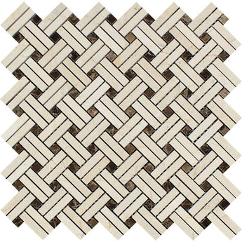 Crema Marfil Polished Marble Stanza Mosaic Tile w/ Dark Emperador Dots.