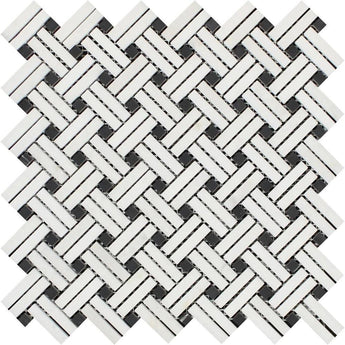Oriental White Polished Marble Stanza Mosaic Tile w/ Black Dots.