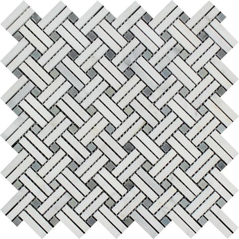 Oriental White Polished Marble Stanza Mosaic Tile w/ Blue-Gray Dots.