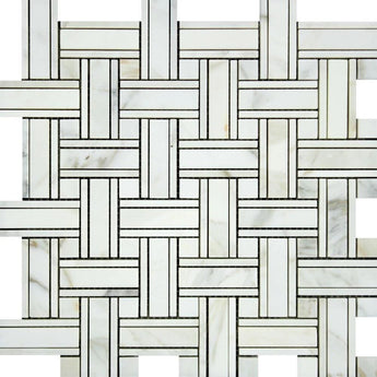 Calacatta Gold Polished Marble Tripleweave Mosaic Tile w/ Calacatta Gold Dots.